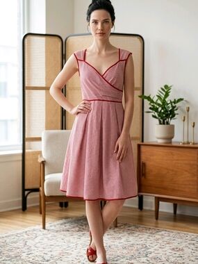 London Times Red-Trim Cap Sleeve Wrap Midi Dress
